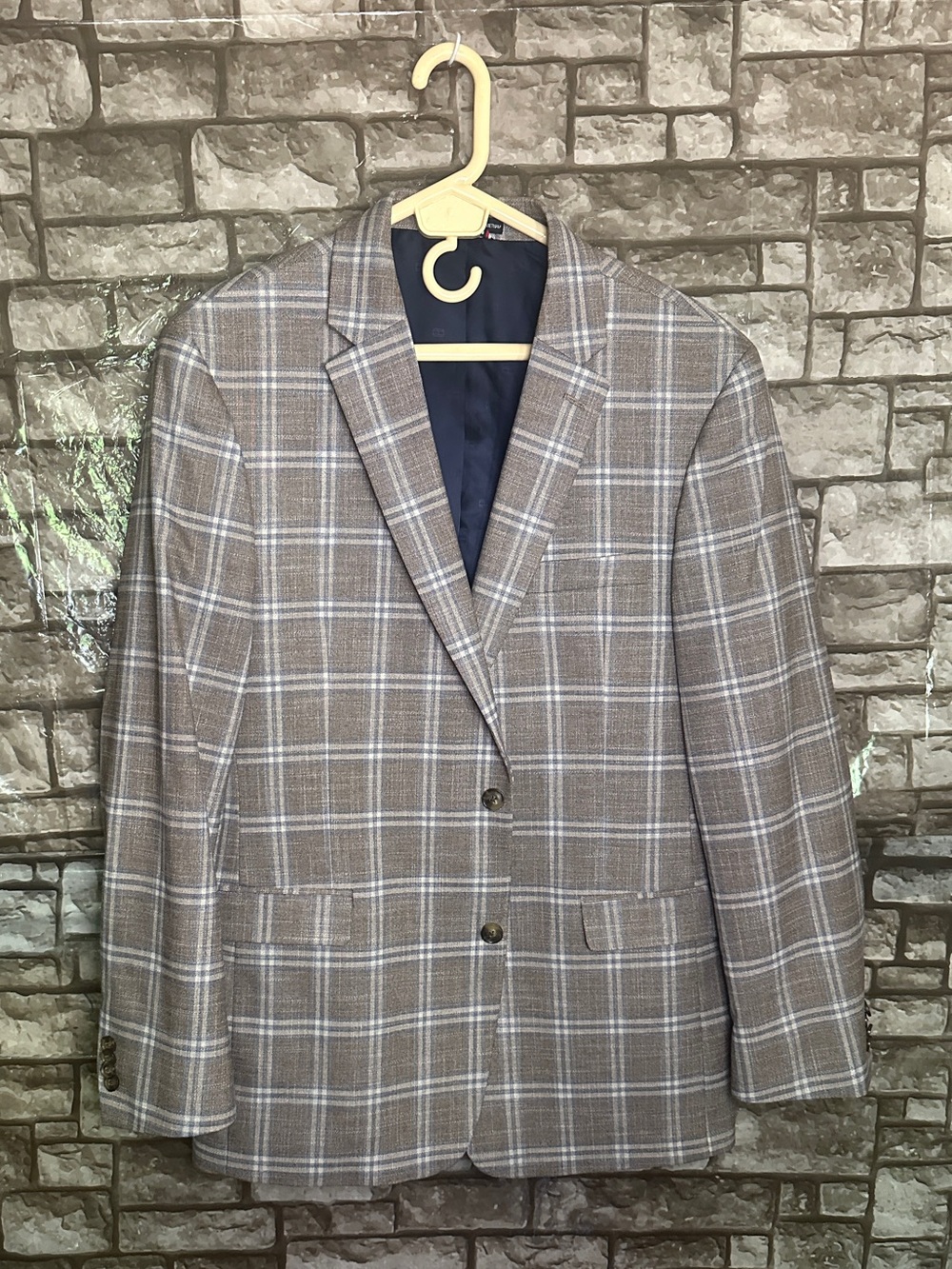 Tommy Hilfiger Plaid Brown Men's Blazer Classic Windowpane Suit Jacket 46L